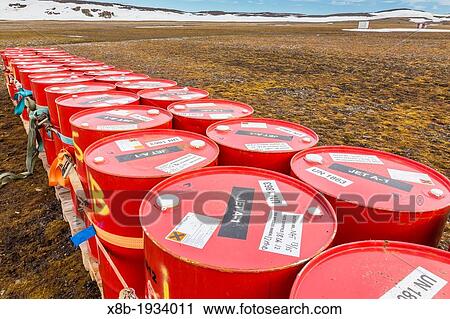 Stock Image - Fuel depot for hunters cabin, Barentsoya (Barents Island), Svalbard Archipelago, Norway.. Fotosearch