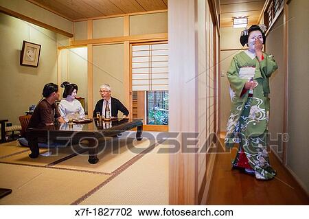 Fukuyu, geisha and Fukukimi,?maiko? geisha apprentice workimg in Miyaki tea house o-chaia Geisha's distric of Miyagawacho Kyoto Kansai, Japan View Large Photo Image Stock Image - Fukuyu, geisha and Fukukimi,?maiko? geisha apprentice workimg in Miyaki tea house o-chaia Geisha's distric of Miyagawacho Kyoto Kansai, Japan. Fotosearch