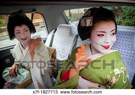 Fukuyu, geisha and Fukukimi,?maiko? geisha apprenticein taxi going to work They say goodbye at Oka san Geisha's distric of Miyagawacho Kyoto Kansai, Japan View Large Photo Image Stock Image - Fukuyu, geisha and Fukukimi,?maiko? geisha apprenticein taxi going to work They say goodbye at Oka san Geisha's distric of Miyagawacho Kyoto Kansai, Japan. Fotosearch