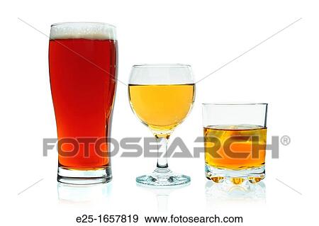 Stock Photo - Full glasses of beer, white wine, and whisky with ice isolated on a white background.. Fotosearch