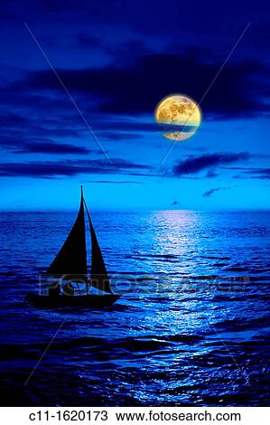 full moon over blue sea at night with sail boat View Large Photo Image Stock Image - full moon over blue sea at night with sail boat. Fotosearch