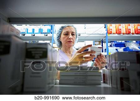 Stock Image - Fungible medical material and medicines storage, surgical block. Hospital Policlinica Gipuzkoa, San Sebastian, Donostia, Euskadi, Spain. Fotosearch