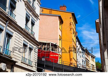 Stock Image - Funicular. France, Rhone, Lyon, historical site listed as World Heritage by UNESCO, Vieux Lyon Old Town.. Fotosearch