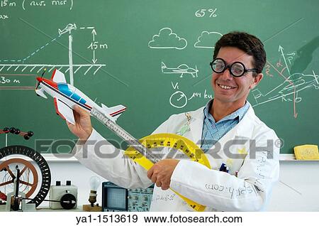 Funny school teacher explaining motorized flight with model plane View Large Photo Image Stock Photo - Funny school teacher explaining motorized flight with model plane. Fotosearch