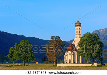 Fussen, Allgau, St Coloman Church, Romantische Strasse, Romantic Road, Bavaria, Germany, Europe View Large Photo Image Stock Photo - Fussen, Allgau, St Coloman Church, Romantische Strasse, Romantic Road, Bavaria, Germany, Europe. Fotosearch
