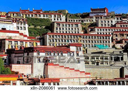 Stock Image - Ganden Monastery, Wangbur Mountain, Lhasa, Tibet, China.. Fotosearch