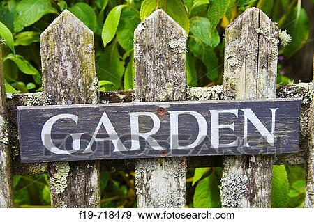 Stock Photo - Garden sign on gate, England. Fotosearch