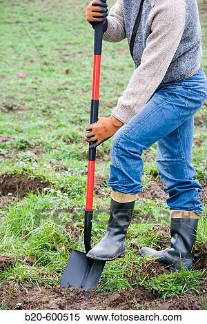 Stock Photography - Gardener with shovel. Agricultural works. Gipuzkoa, Euskadi. Spain.. Fotosearch