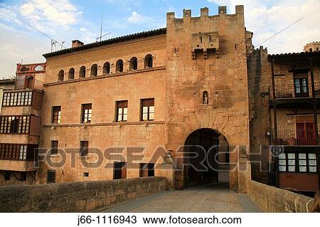 Stock Image - Gate of bridge over Matarraa river, Valderrobres, Matarraa, Teruel province, Aragon, Spain. Fotosearch