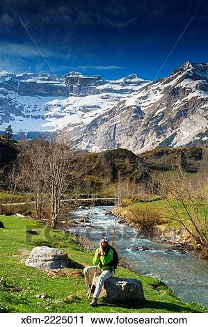 Stock Image - Gavarnie glacier cirque and Gave de Gavarnie river.. Fotosearch
