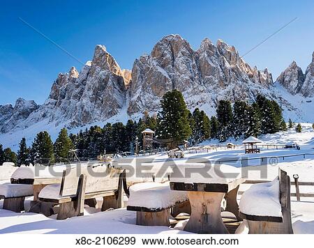 Geisler Mountain Range or Gruppo delle Odle Mountain Range in the valley of Villnoess in South Tyrol (alto adige) after a snowstorm in late fall. The Geisler Mtn. Range is part of the UNESCO world heritage dolomites. View Large Photo Image Stock Photo - Geisler Mountain Range or Gruppo delle Odle Mountain Range in the valley of Villnoess in South Tyrol (alto adige) after a snowstorm in late fall. The Geisler Mtn. Range is part of the UNESCO world heritage dolomites.. Fotosearch