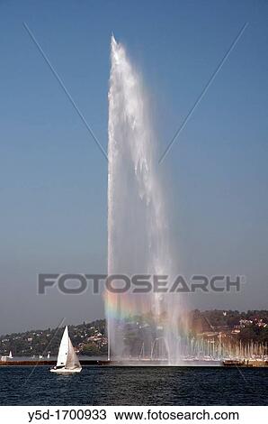 Geneva, Geneva Lake, Switzerland, famous fountain Jet d? Eau on the lake, 200 meters high View Large Photo Image Stock Image - Geneva, Geneva Lake, Switzerland, famous fountain Jet d? Eau on the lake, 200 meters high. Fotosearch