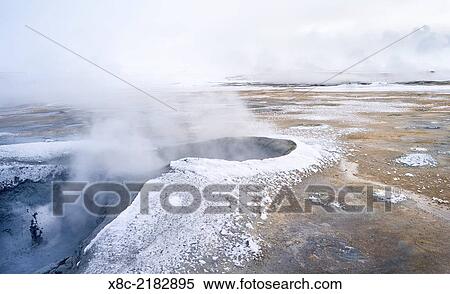 Stock Photography - Geothermal area Hveraroend near lake Myvatn and the ring road during winter with mud pools, fumaroles and solfataras. europe, northern europe, scandinavia, iceland, February.. Fotosearch