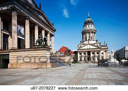 Stock Photo - Germany, Berlin, Gendarmenmarkt Square, French Cathedral and Concert Hall.. Fotosearch