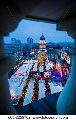 Germany, Berlin, Mitte, Gendarmenmarkt, Christmas market, elevated view with Deutscher Dom, dusk. View Large Photo Image Stock Image - Germany, Berlin, Mitte, Gendarmenmarkt, Christmas market, elevated view with Deutscher Dom, dusk.. Fotosearch
