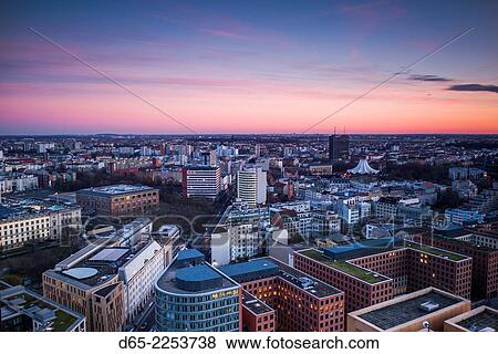Germany, Berlin, Mitte, Panorama Punkt-Potsdamer Platz, elevated city view towards Kreuzberg district, dusk. View Large Photo Image Stock Photo - Germany, Berlin, Mitte, Panorama Punkt-Potsdamer Platz, elevated city view towards Kreuzberg district, dusk.. Fotosearch