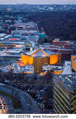 Germany, Berlin, Mitte, Panorama Punkt-Potsdamer Platz, elevated view towards the Philharmonie, concert hall, dusk. View Large Photo Image Stock Photo - Germany, Berlin, Mitte, Panorama Punkt-Potsdamer Platz, elevated view towards the Philharmonie, concert hall, dusk.. Fotosearch