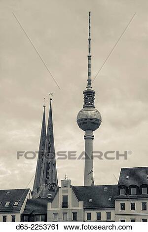 Germany, Berlin, Nikolaiviertel, buildings with Alexanderplatz TV tower. View Large Photo Image Stock Image - Germany, Berlin, Nikolaiviertel, buildings with Alexanderplatz TV tower.. Fotosearch