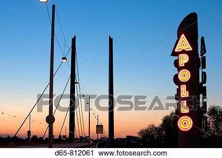 Germany, Nordrhein-Westfalen, Dusseldorf, Medienhafen, Rhenkniebrucke bridge and Apollo cafe sign View Large Photo Image Stock Image - Germany, Nordrhein-Westfalen, Dusseldorf, Medienhafen, Rhenkniebrucke bridge and Apollo cafe sign. Fotosearch