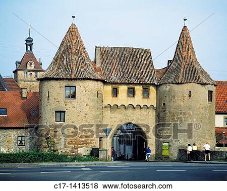 Germany, Prichsenstadt, Schwarzach, Steigerwald, Lower Franconia, Franconia, Bavaria, Main Franconia, Middle Ages, city fortification, Western Gate, town gate, behind the town tower View Large Photo Image Stock Photo - Germany, Prichsenstadt, Schwarzach, Steigerwald, Lower Franconia, Franconia, Bavaria, Main Franconia, Middle Ages, city fortification, Western Gate, town gate, behind the town tower. Fotosearch