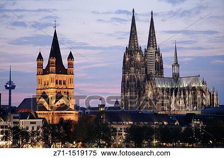 Stock Photography - Germany, Rhineland-Westphalia, Koln, Cologne, skyline at night.. Fotosearch