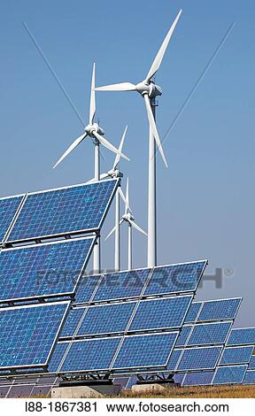 Stock Image - Germany, Solar panels and wind turbines, Composing. Fotosearch