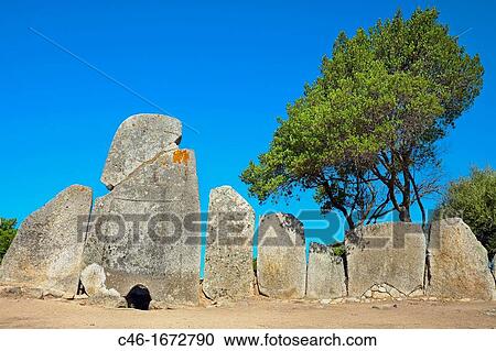 Stock Image - Giants Tomb, near Arzachena, Le Lolghi 1800 1200 a C, Sardinia, Italy.. Fotosearch