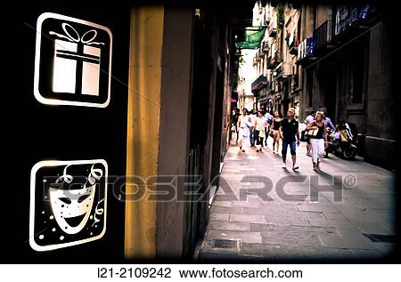 Stock Image - Gift and party signs in a street. Barcelona, Catalonia, Spain.. Fotosearch