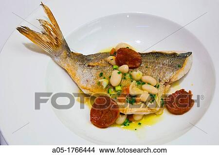 Gilt-head beam fillets with beans and Spanish sausage Riff Restaurant Valencia Comunidad Valenciana Spain. View Large Photo Image Picture - Gilt-head beam fillets with beans and Spanish sausage Riff Restaurant Valencia Comunidad Valenciana Spain.. Fotosearch