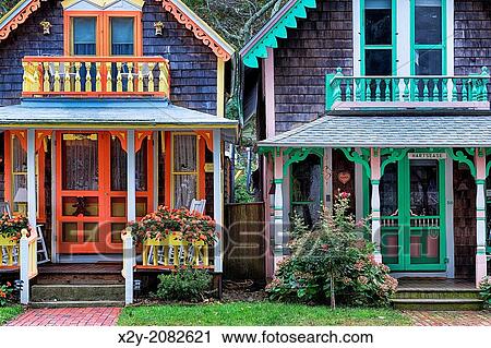Gingerbread cottages, Oak Bluffs, Martha's Vineyard, Massachusetts, USA. View Large Photo Image Stock Image - Gingerbread cottages, Oak Bluffs, Martha's Vineyard, Massachusetts, USA.. Fotosearch