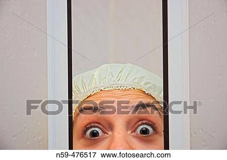 Girl in shower with surprised expression View Large Photo Image Stock Photo - Girl in shower with surprised expression. Fotosearch