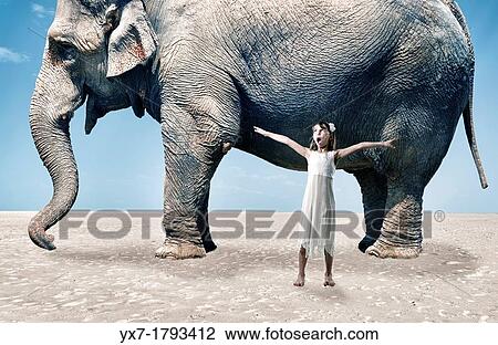 Stock Image - Girl next to a big elephant.. Fotosearch