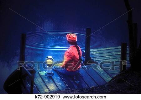 Girl on dock early evening in wet, cool weather View Large Photo Image Stock Photo - Girl on dock early evening in wet, cool weather. Fotosearch