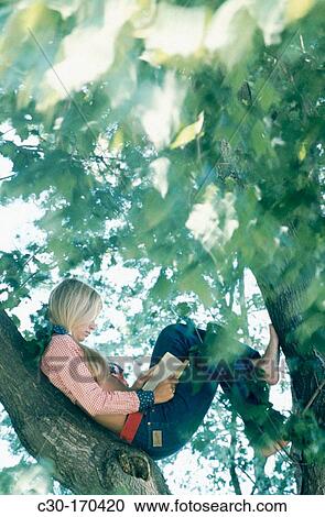Girl reading book while sitting in tree View Large Photo Image Stock Image - Girl reading book while sitting in tree. Fotosearch