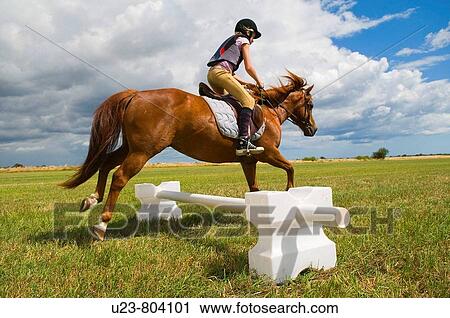 Stock Image - Girl riding and jumping a pony.. Fotosearch