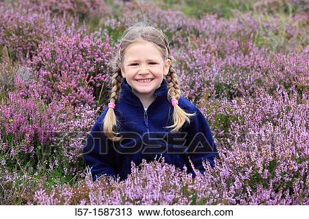 girl sitting in blooming heather field View Large Photo Image Stock Image - girl sitting in blooming heather field. Fotosearch