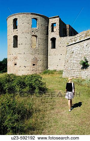 Girl walking around Borgholms castle ruin,? land, Sweden. View Large Photo Image Stock Image - Girl walking around Borgholms castle ruin,? land, Sweden.. Fotosearch