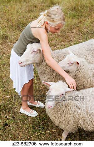 Stock Photograph - Girl with her sheep. Fotosearch