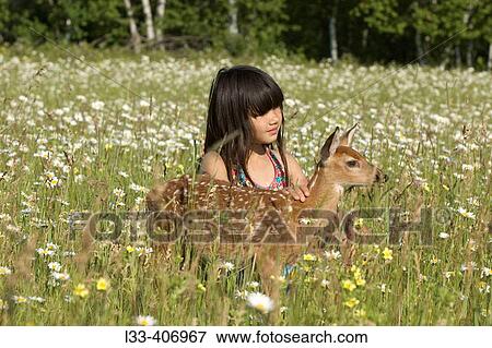 Girl with white tailed deer fawn in field of flowers View Large Photo Image Stock Photo - Girl with white tailed deer fawn in field of flowers. Fotosearch