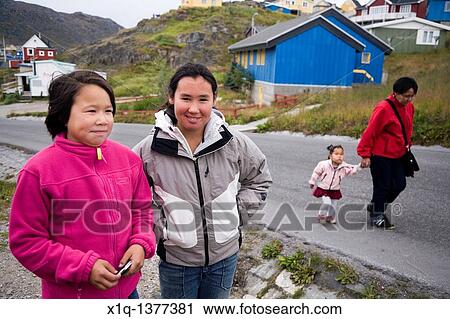Stock Image - Girls in Qaqortoq Julianeh? b, South Greenland. Fotosearch