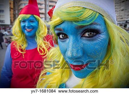Girls Smurf in the carnival parade Malaga, Andalusia, Spain, Europe View Large Photo Image Picture - Girls Smurf in the carnival parade Malaga, Andalusia, Spain, Europe. Fotosearch