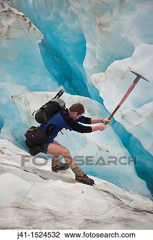 Stock Image - Glacier guide cuts steps in crevasse wall, Franz Josef Glacier, Westland National Park, West Coast of South Island, New Zealand. Fotosearch