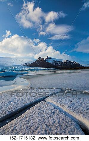 Stock Image - Glacier lagoon near Jokulsarlon,, Southern Iceland, Iceland, Europe.. Fotosearch