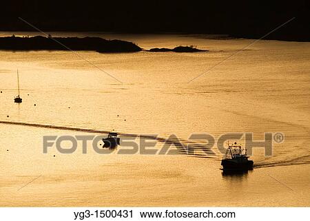 Stock Image - Golden light over Oban harbour, Scotland. Fotosearch