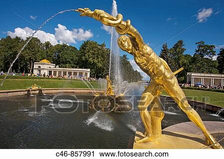 Golden statues and water works at Peterhof Park. Petrodvorets. St. Petersburg. Russia. View Large Photo Image Stock Image - Golden statues and water works at Peterhof Park. Petrodvorets. St. Petersburg. Russia.. Fotosearch