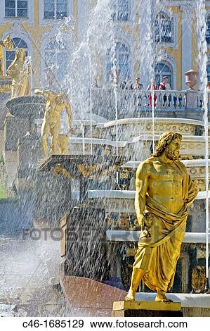 Golden statues and water works at Peterhof Park Petrodvorets, St Petersburg Russia. View Large Photo Image Stock Photo - Golden statues and water works at Peterhof Park Petrodvorets, St Petersburg Russia.. Fotosearch