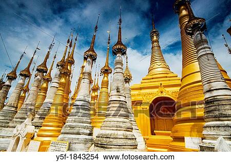 Golden stupas at temples of Inthein, Linle lake View Large Photo Image Picture - Golden stupas at temples of Inthein, Linle lake. Fotosearch