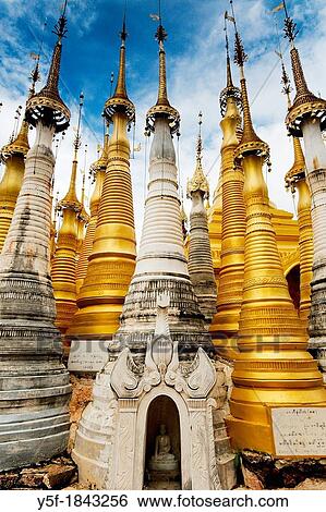 Golden stupas at temples of Inthein, Linle lake View Large Photo Image Stock Photograph - Golden stupas at temples of Inthein, Linle lake. Fotosearch