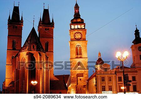 Gothic cathedral of the Holy Ghost, white tower and town hall in Velke square, Hradec Kralove, Bohemia, Czech Republic View Large Photo Image Picture - Gothic cathedral of the Holy Ghost, white tower and town hall in Velke square, Hradec Kralove, Bohemia, Czech Republic. Fotosearch