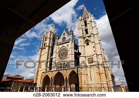Gothic style Cathedral, Leon, Way of St James, Castilla-Leon, Spain View Large Photo Image Stock Image - Gothic style Cathedral, Leon, Way of St James, Castilla-Leon, Spain. Fotosearch